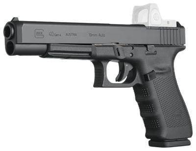 Glock G40 10mm. The long slide makes this one of the most potent hunting 10mm handguns out there.