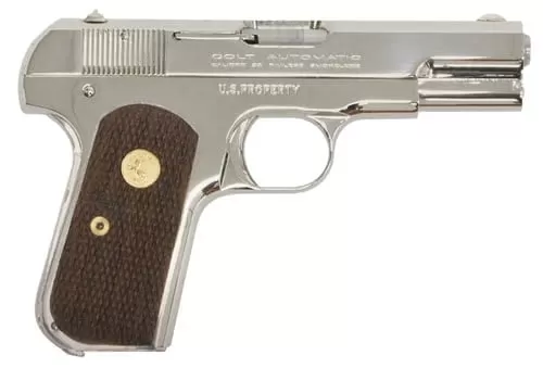 Colt 1903 Pocket Hammerless. A classic handgun in 32 ACP that still gets reissued on occasion. It is also one of the guns of John Wick 3.