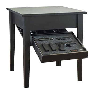 Tactical walls concealment end table. A hidden gun safe that should be within reach in the lounge.