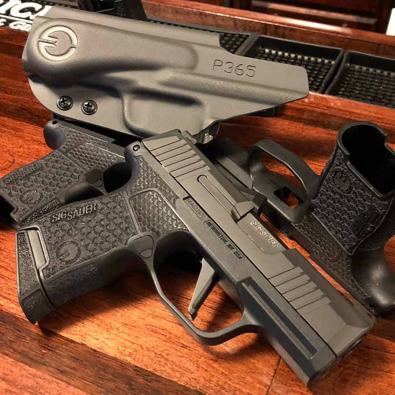 Grayguns Sig P365 Nitron grip module transforms the Sig P365 with laser etched stippling like Halle Berry's custom Sig P365 in John Wick 3.