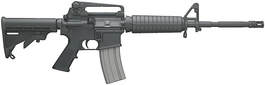 Bushmaster XM-15. A cheap Colt M4 clone from the Vietnam war, with all the modern conveniences of a semi auto rifle.