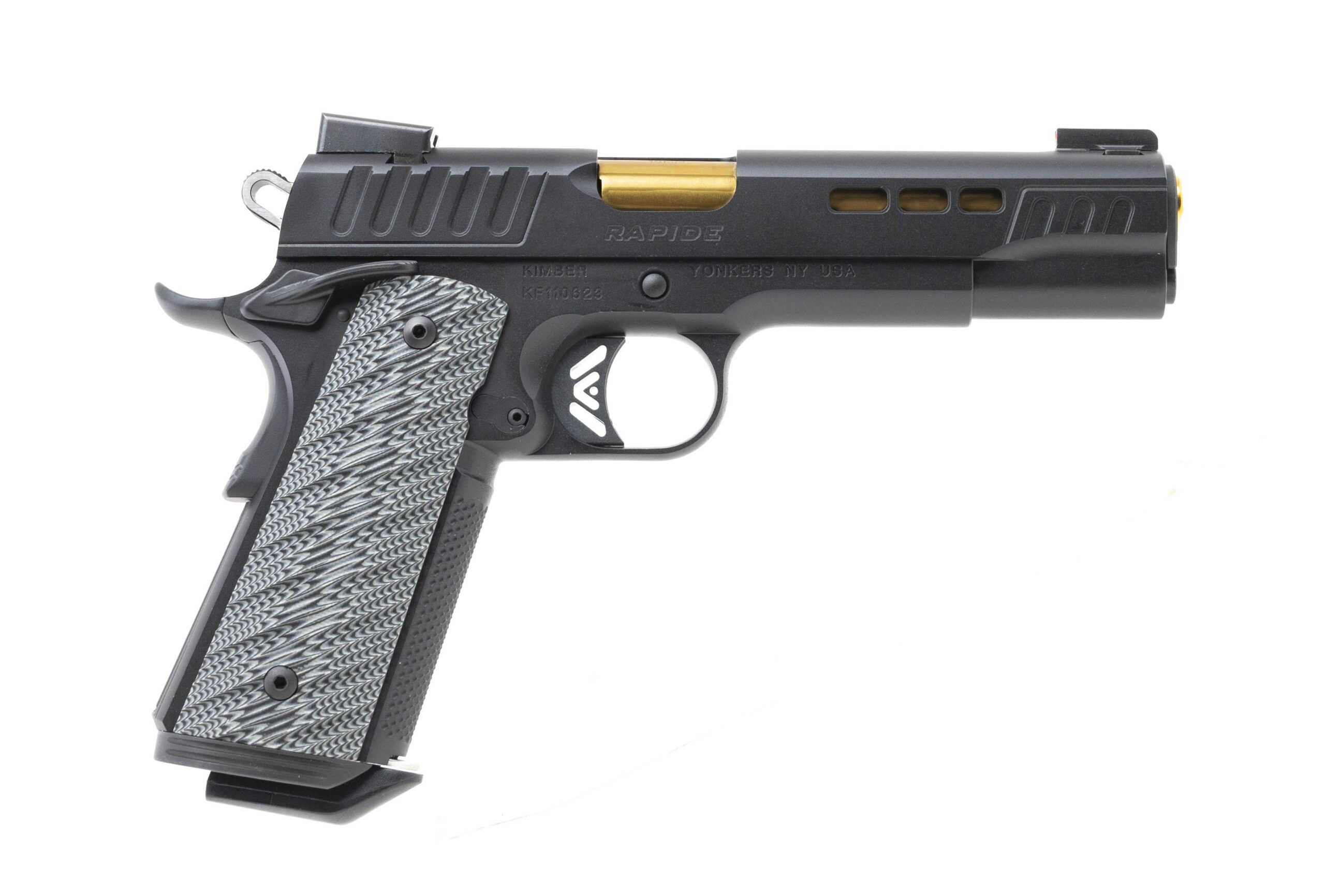 Kimber Rapide 10mm 1911 in black with the RAPIDE rollmark, gold TiN barrel and grey G10 grips