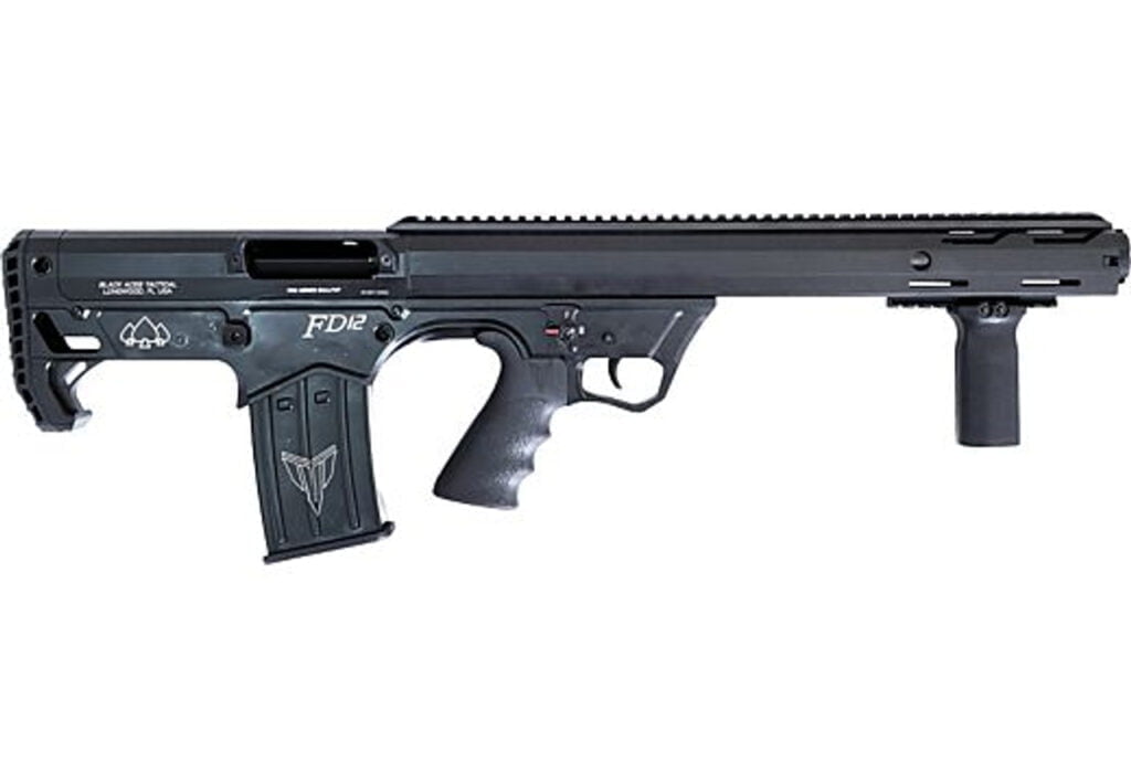 Black Aces Tactical pump action shotgun with a 10-round mag. This cheap shotgun has a big name and a sci fi look.
