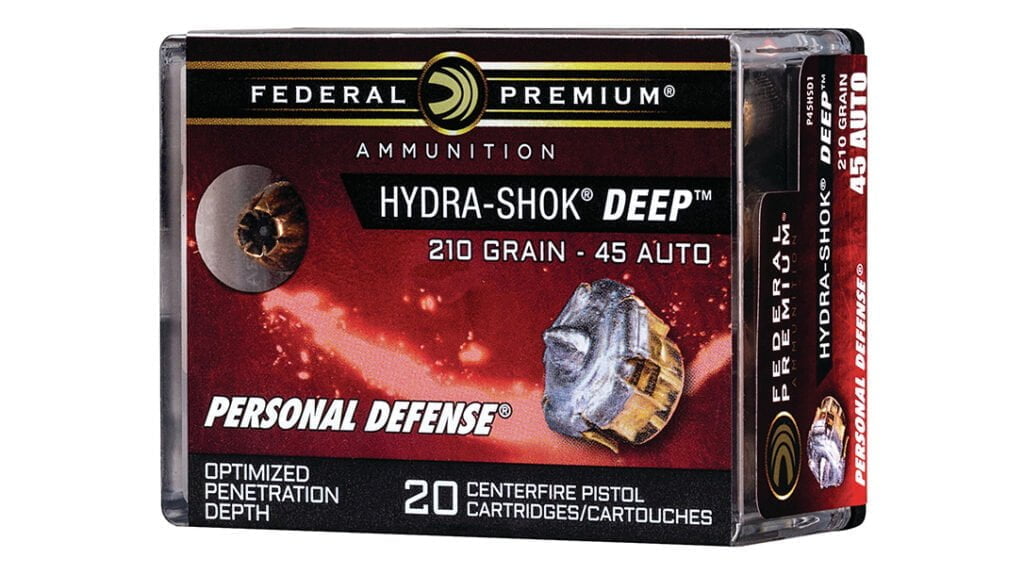 Federal Hydra-Shok Deep 45 ACP ammunition. The JHP with a spike inside, new bullet tech that promises hydrostatic shock, as well as a gaping wound cavity.