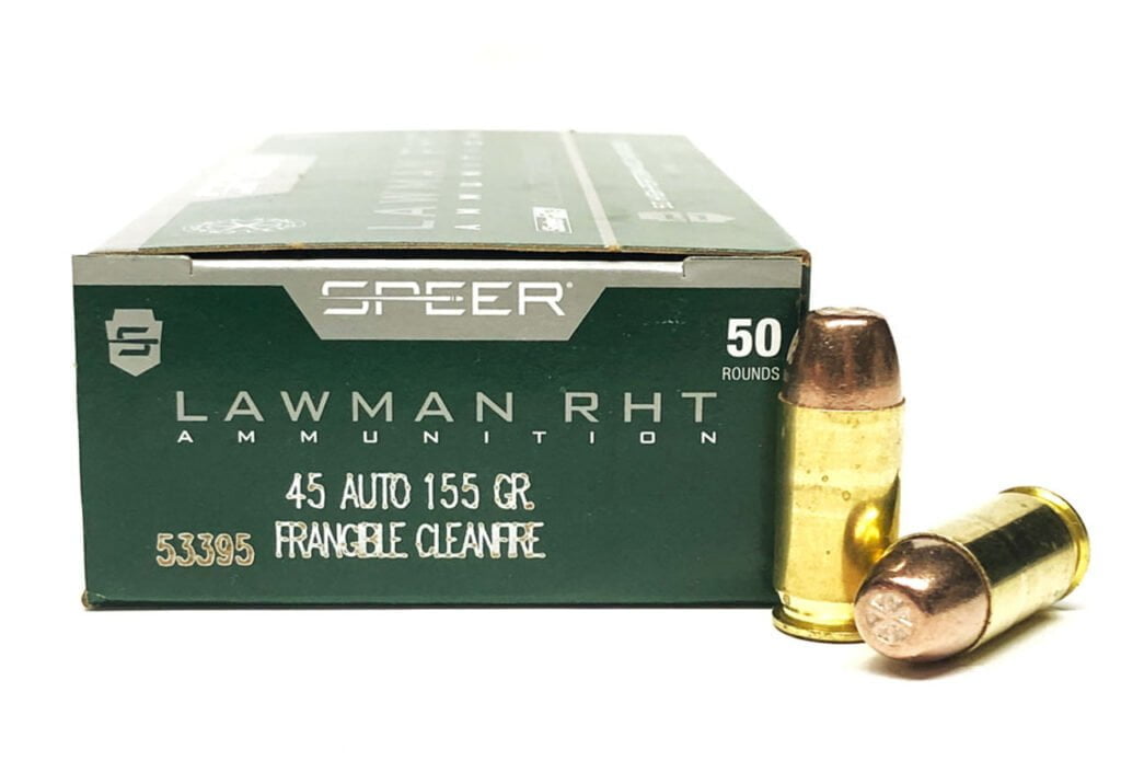 Speer Lawman Frangible 155gr. Use this ammo at the range to get a consistent feel with the Gold Dot hollow points. 