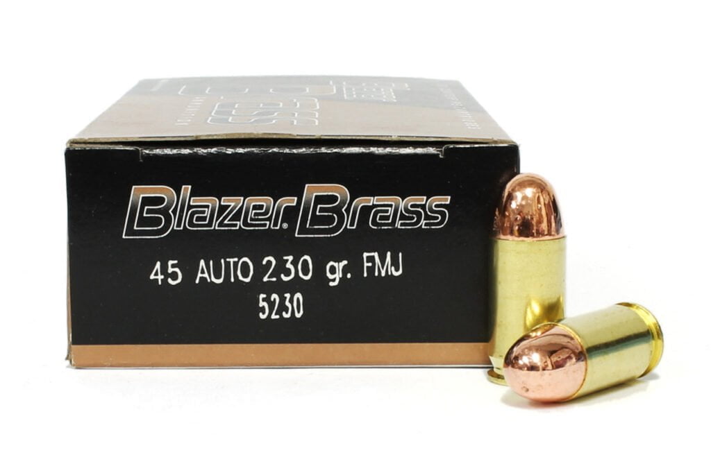 CCI Blazer Brass, low budget 45 ACP training ammo for running drills and murdering targets.
