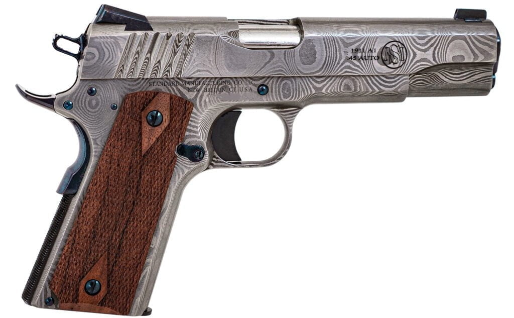 A Standard Manufacturing Damascus 1911 produced entirely from Damascus steel. It's a work of art and a $6000 handgun.