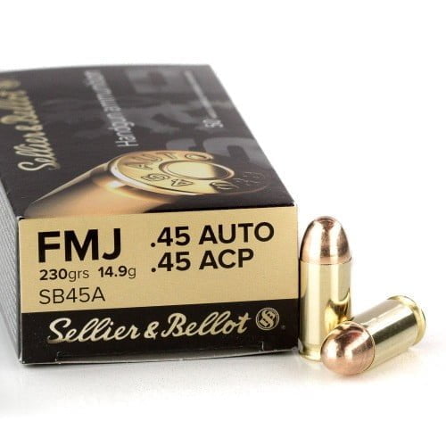Sellier & Bellot 45 ACP Full Metal Jacket FMJ ammunition. Get bulk deals now.