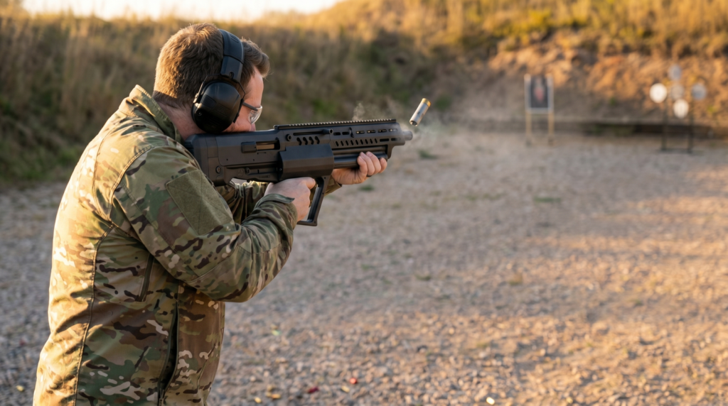 IWI Tavor TS12 Review (2026) 20 Side-profile shooter on outdoor 3-Gun stage firing the IWI Tavor TS12 at three steel poppers golden hour