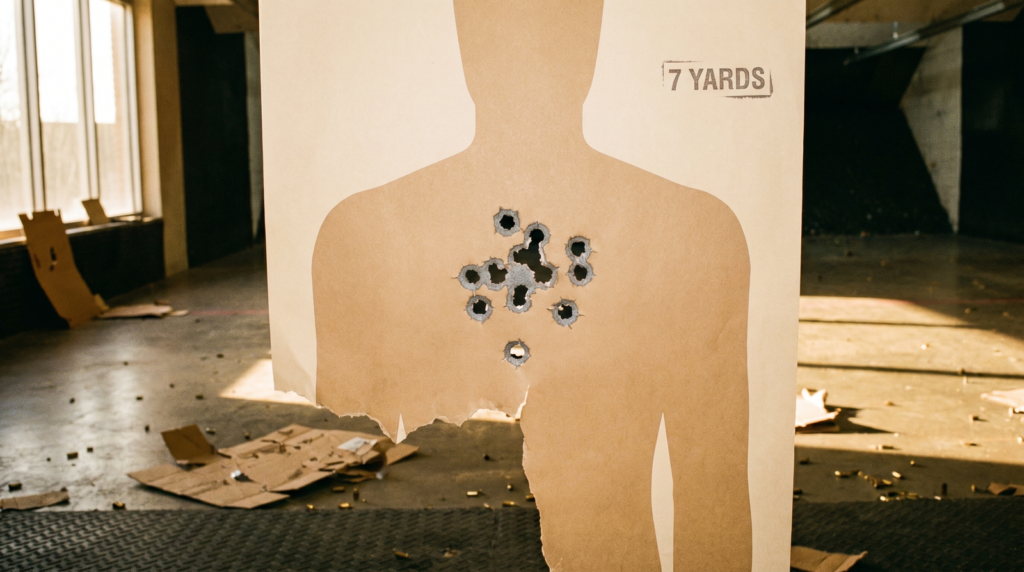 IWI Tavor TS12 Review (2026) 21 Paper home-defense silhouette target at 7 yards showing 9-pellet 00 buck pattern from the IWI Tavor TS12 with Federal Power-Shok