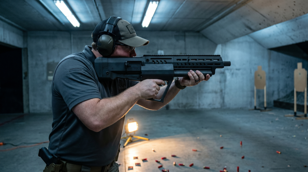 IWI Tavor TS12 Review (2026) 19 Indoor tactical bay night drill firing the IWI Tavor TS12 with overhead fluorescent and warm rim light