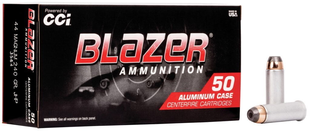 CCI Blazer ammo for 44 Magnum revolvers with an aluminum case.