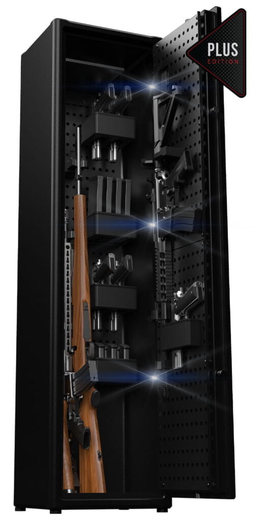 Vaultek rifle safe with biometric lock. Fast access to a small arsenal of weapons in your bedroom, study or garage.