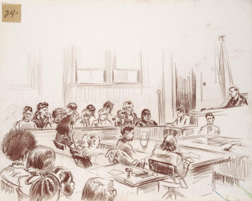 What Happens After a Defensive Shooting? Legal Guide (2026) 9 Courtroom sketch showing judge's bench and defense table — the criminal trial venue for any indicted defensive shooter