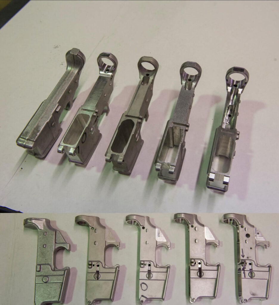 AR-15 Facts: 10 Surprising Things You Didn't Know 2 AR-15 lower receivers at various stages of completion, showing the modular serialized part