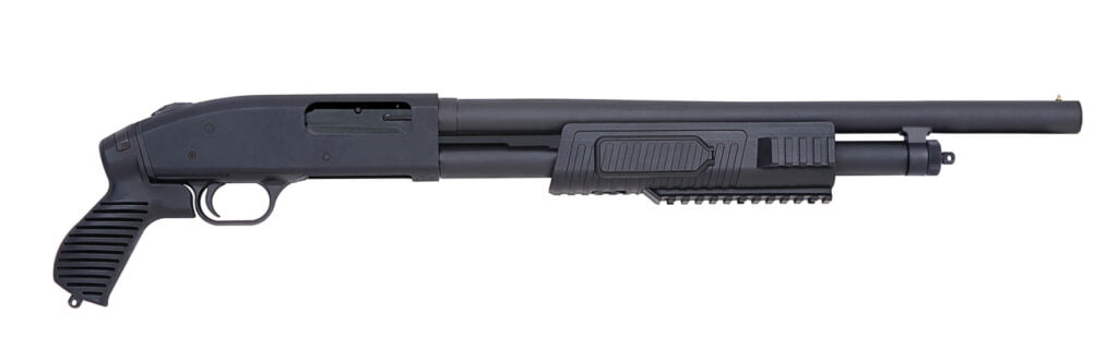 Mossberg 500 in its short and compact shotgun form with a pistol grip rather than a stock.