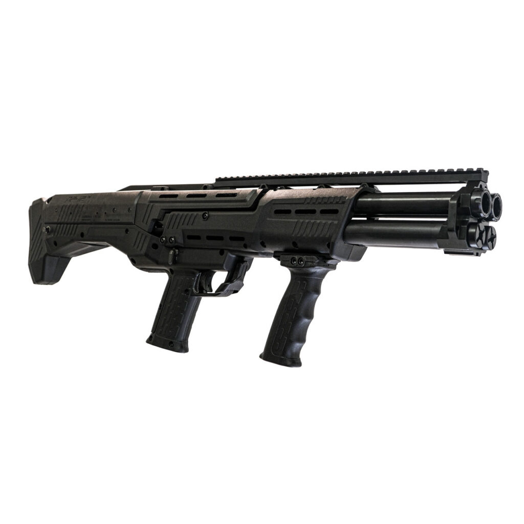 Standard Manufacturing DB-12 shotgun. A pump action shotgun with a double barrel set up, pump once, shoot twice. 