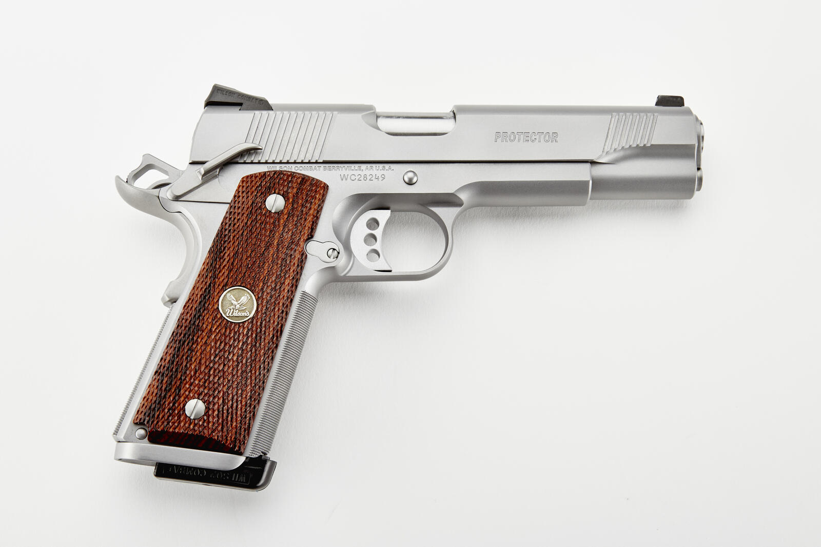 Wilson Combat Protector 1911 pistol showing slide serrations and finish