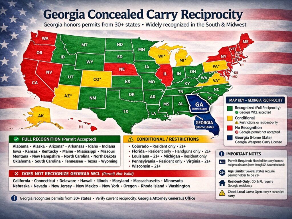 Georgia Gun Laws (2026): Constitutional Carry, No Limits & Full Freedom 63 Georgia CCW recirprocity