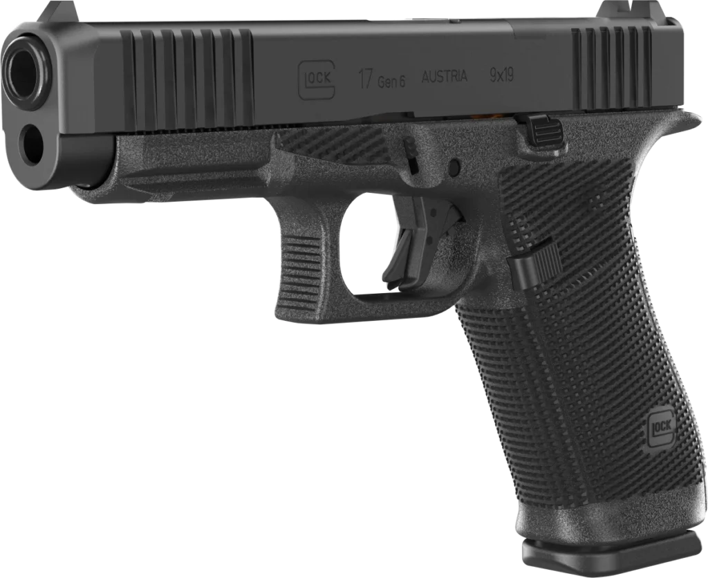 Glock 17 Gen 6 vs Glock 19 Gen 6: Which Should You Carry? (2026) 3 Glock 17 Gen 6 9mm full-size pistol, slide marked Glock 17 Gen 6, with front serrations and RTF6 grip texture