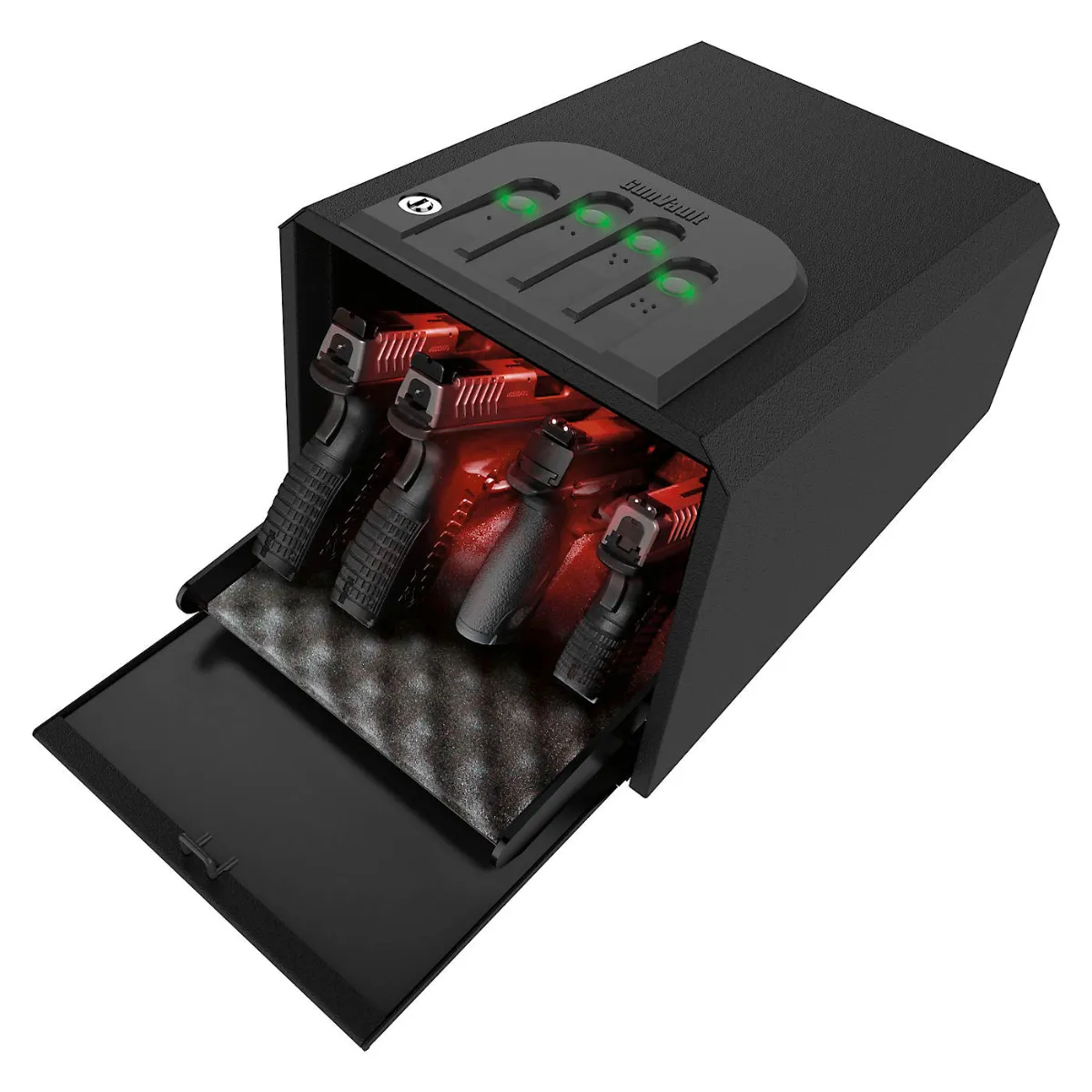 GunVault MultiVault with the drop-down door open and the No-Eyes keypad lit on top
