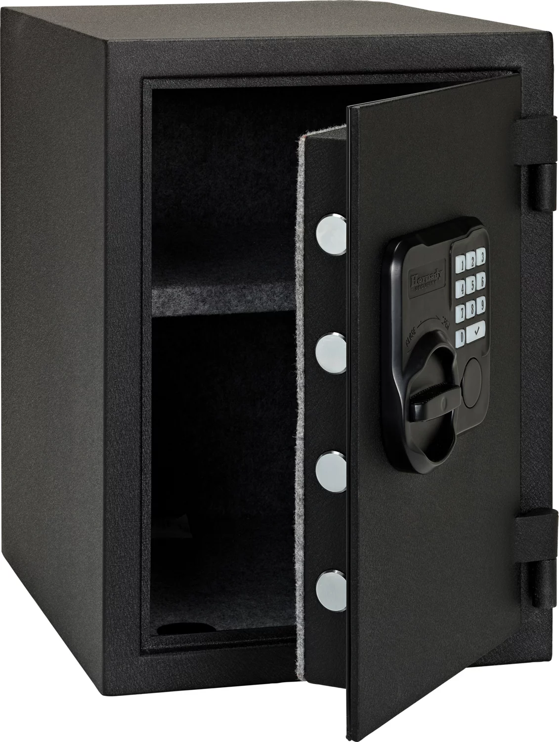 Hornady Fireproof Keypad Safe open, showing the carpeted interior, removable shelf and four locking bolts