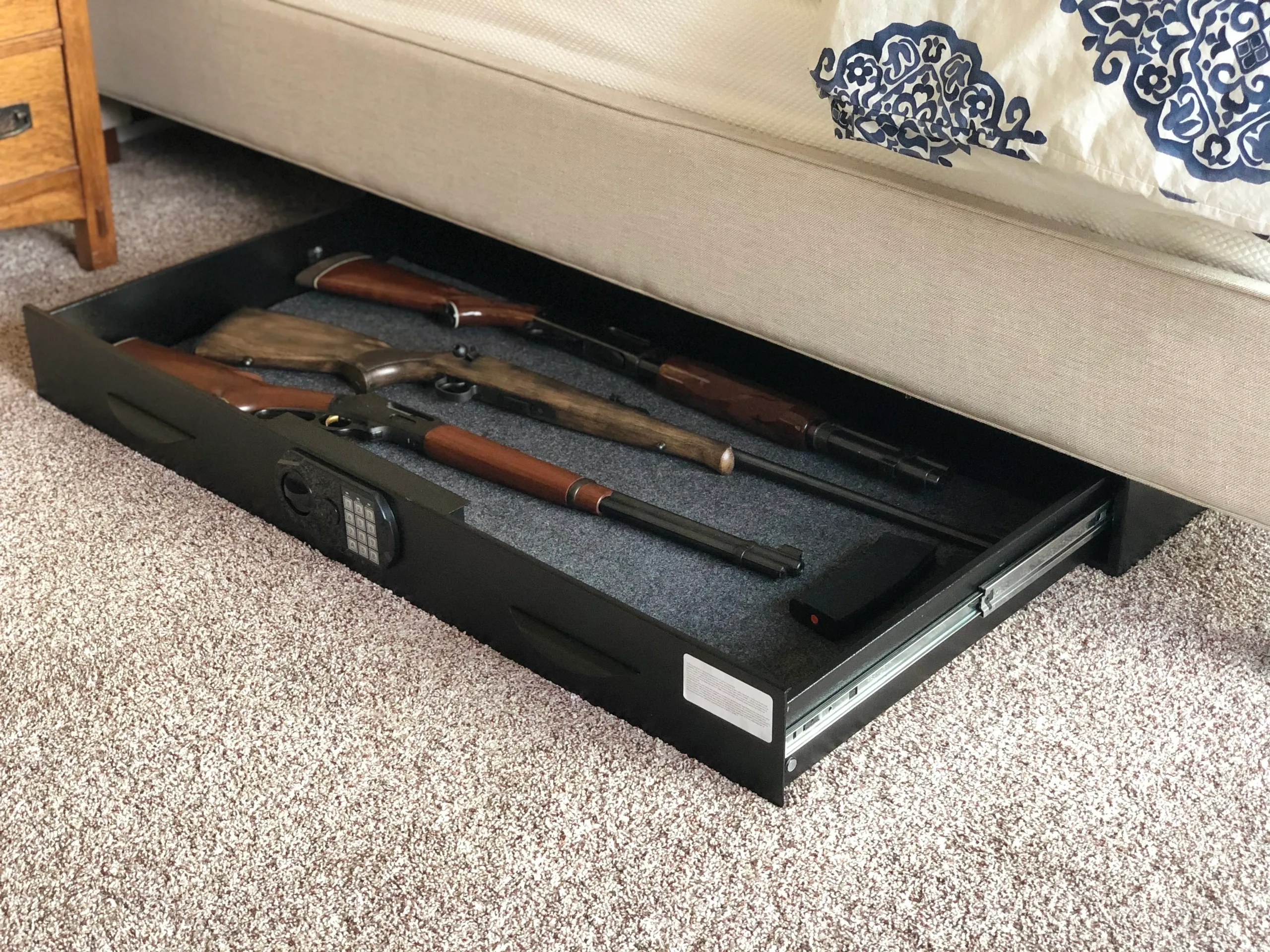Under bed gun safes, low profile gun security