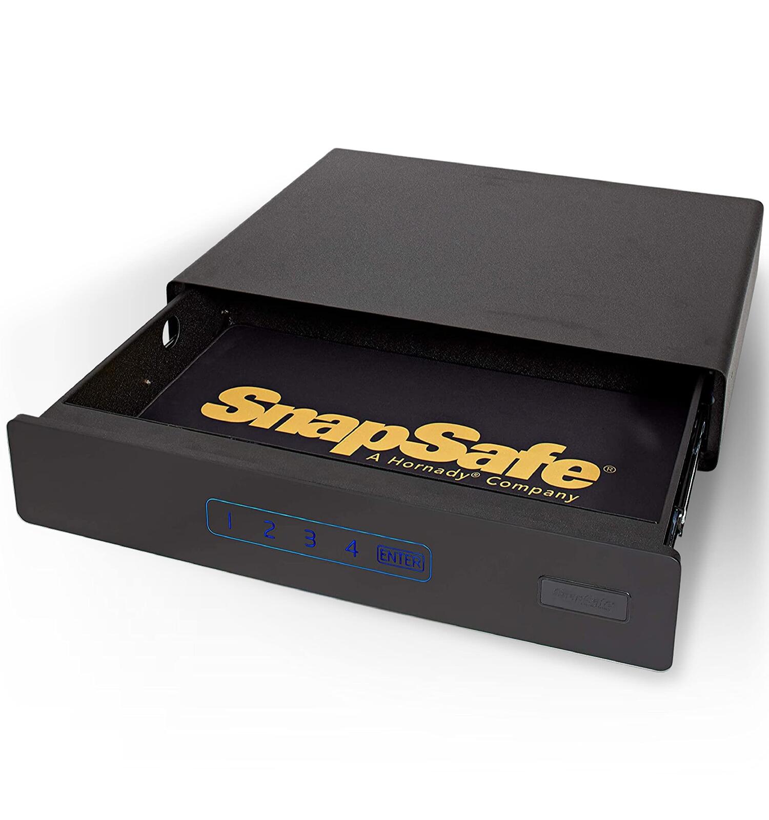 SnapSafe under bed safe with the drawer slid open and keypad lit