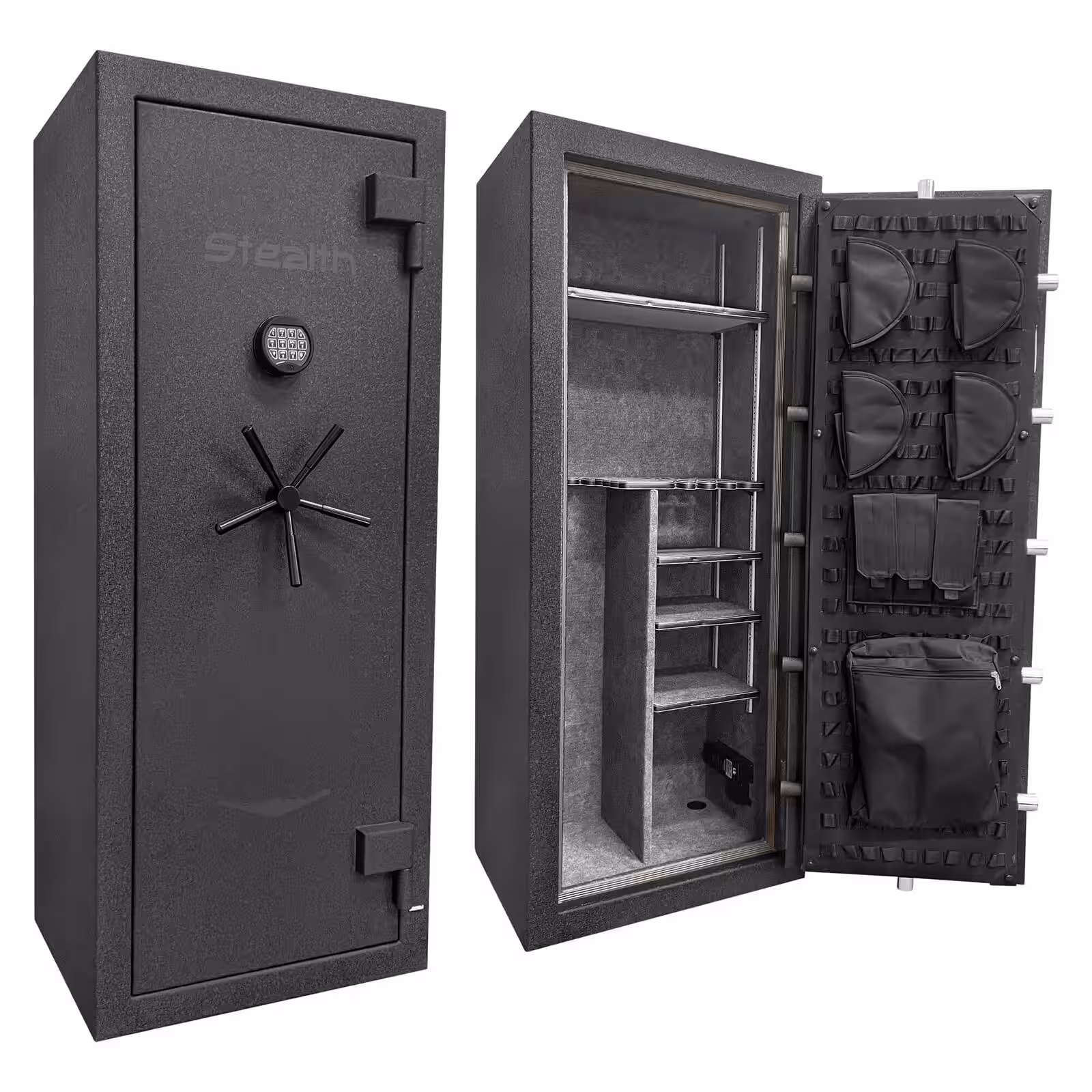 Stealth gun safe shown closed and open with the door panel