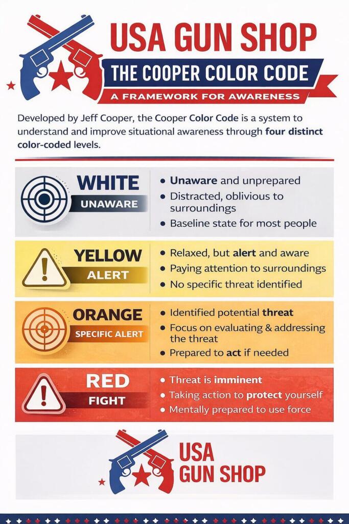 Situational Awareness for Concealed Carriers: How to See Threats First (2026) 5 Cooper Code explained, situational awareness for concealed carry holders and everybody else