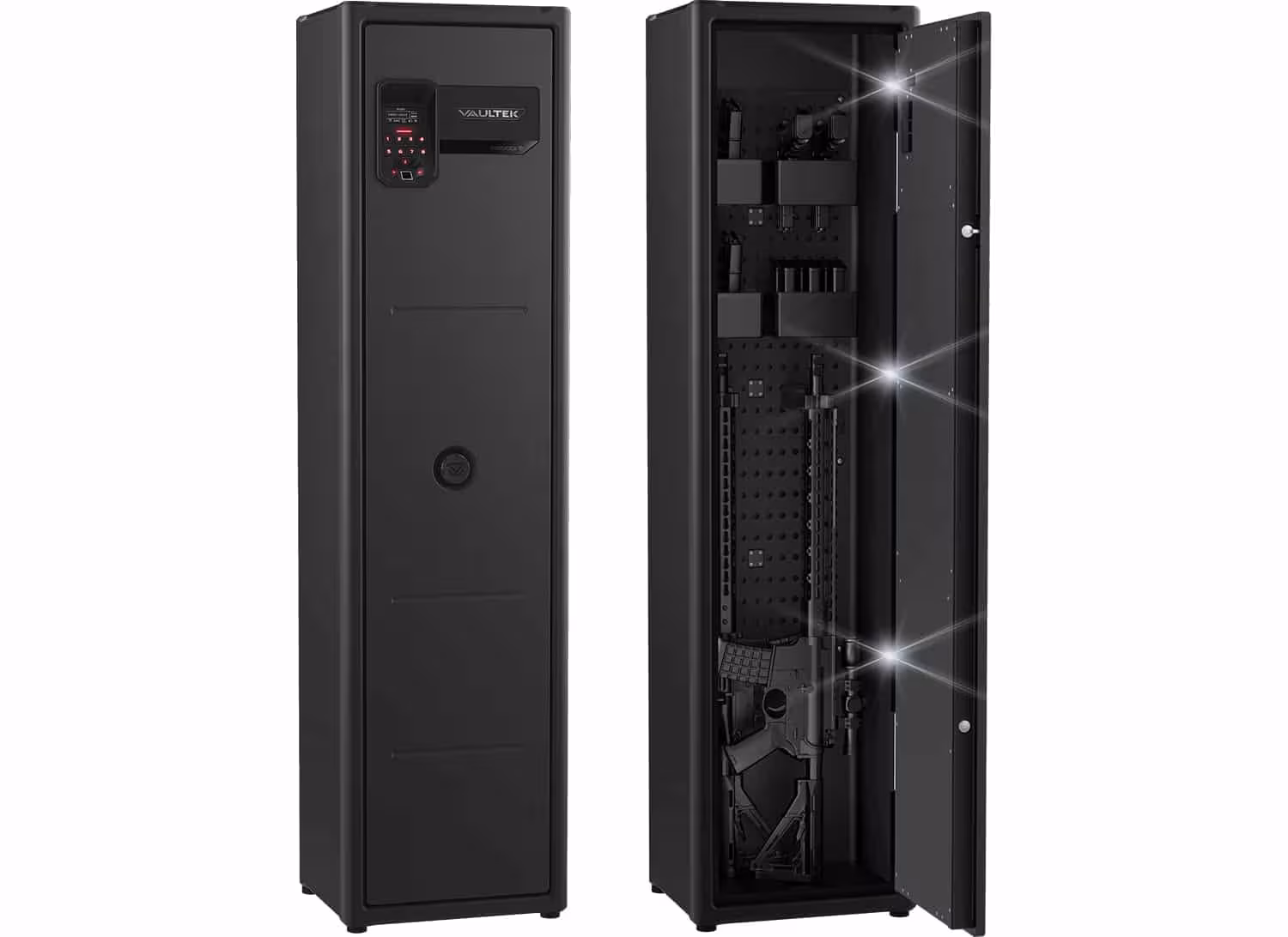 Vaultek ViSN RS500i biometric rifle safe with the door open showing modular AR-15 racks