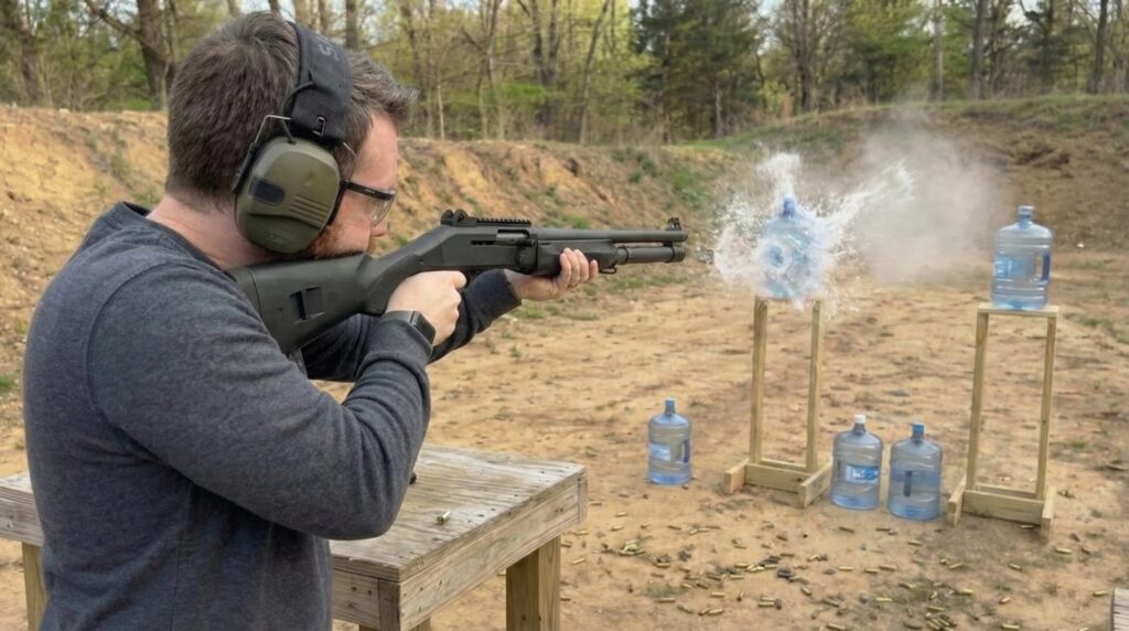 Benelli M4 Review: The Combat Shotgun That Earned Its Stripes (2026) 4 Benelli M4 Tactical at the outdoor range, shooting jugs.