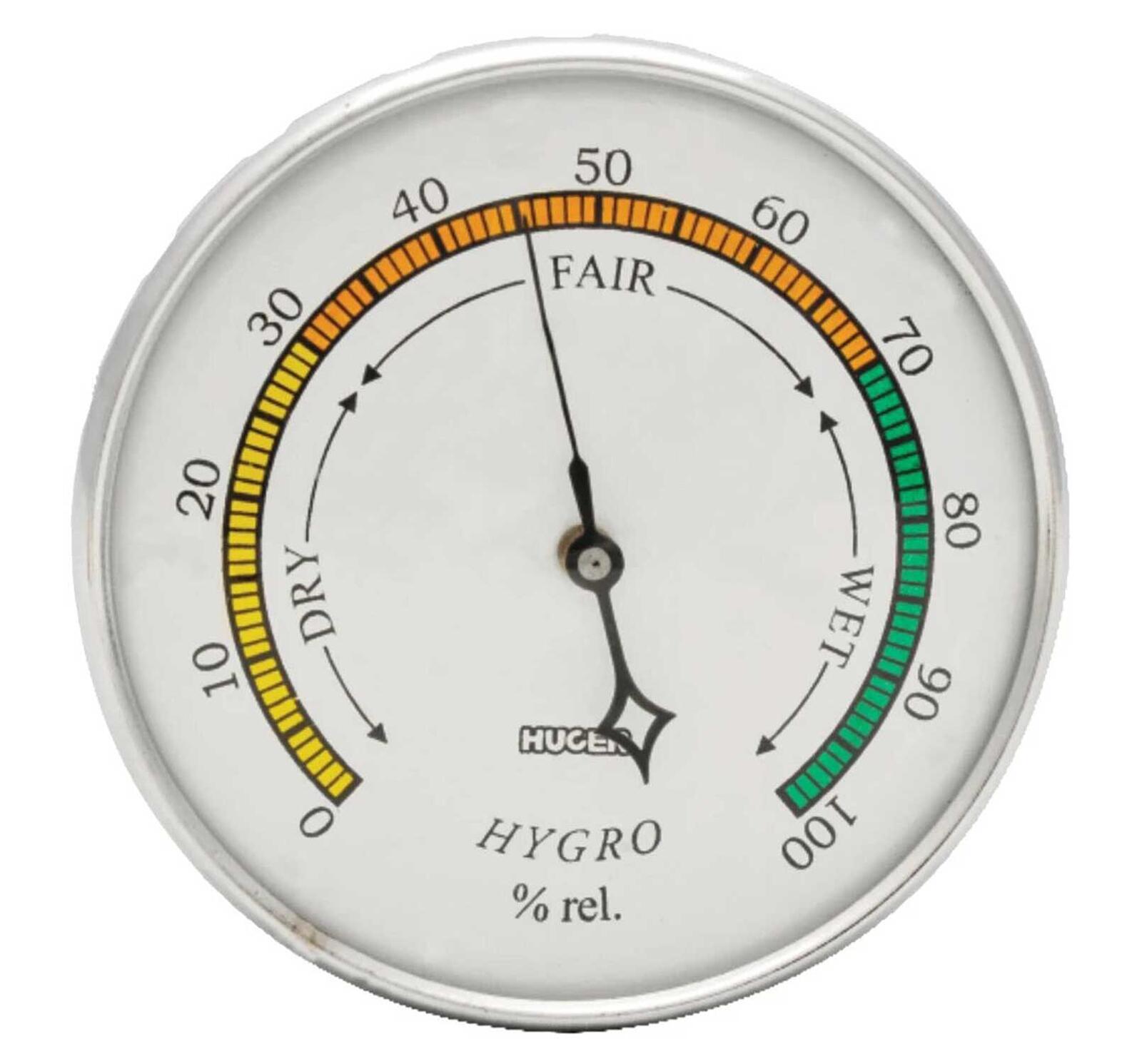 Analog hygrometer dial used to check the relative humidity inside a gun safe