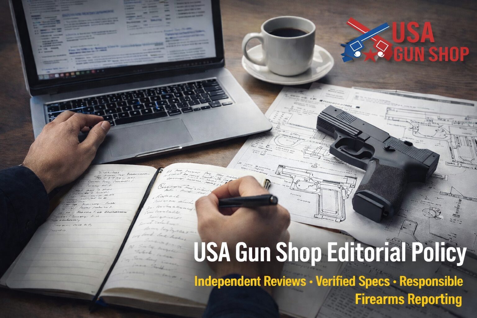 USA Gun Shop editorial policy showing firearms research and verification process