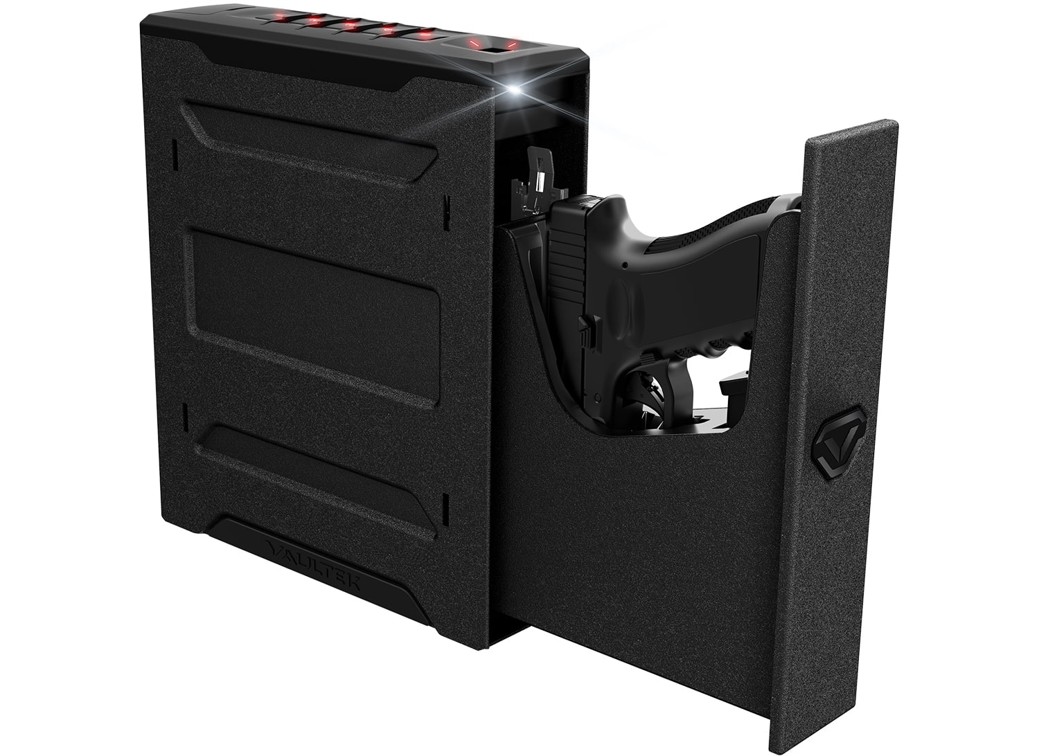 Vaultek Slider Series safe with the tray slid out presenting a pistol grip first