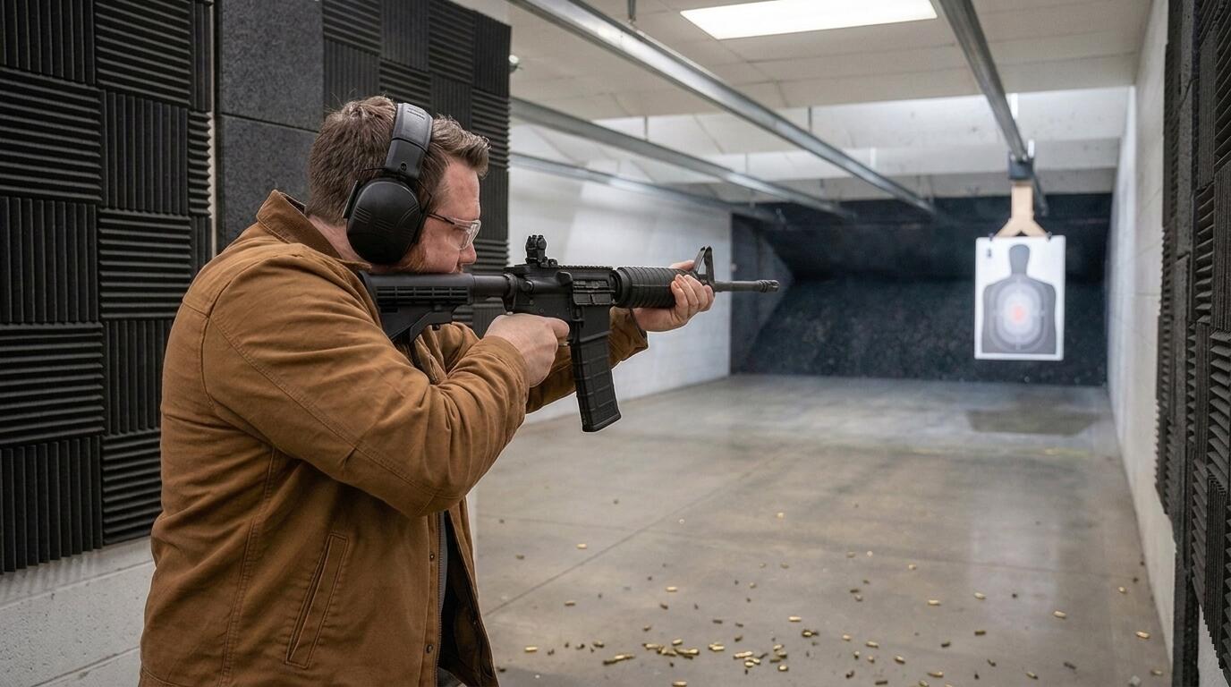 Our Editorial Process 1 AR-15 testing on an indoor range with target downrange. Part of USA Gun Shop firearms testing methodology