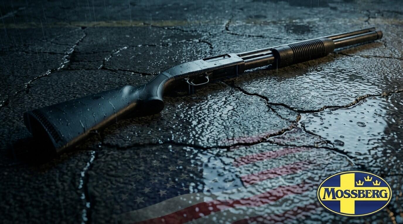 8 Best Mossberg Shotguns Ranked (2026): Pumps, Semi-Autos, and More 1 Mossberg pump-action shotgun on wet asphalt at night with American flag reflection and Mossberg crown logo
