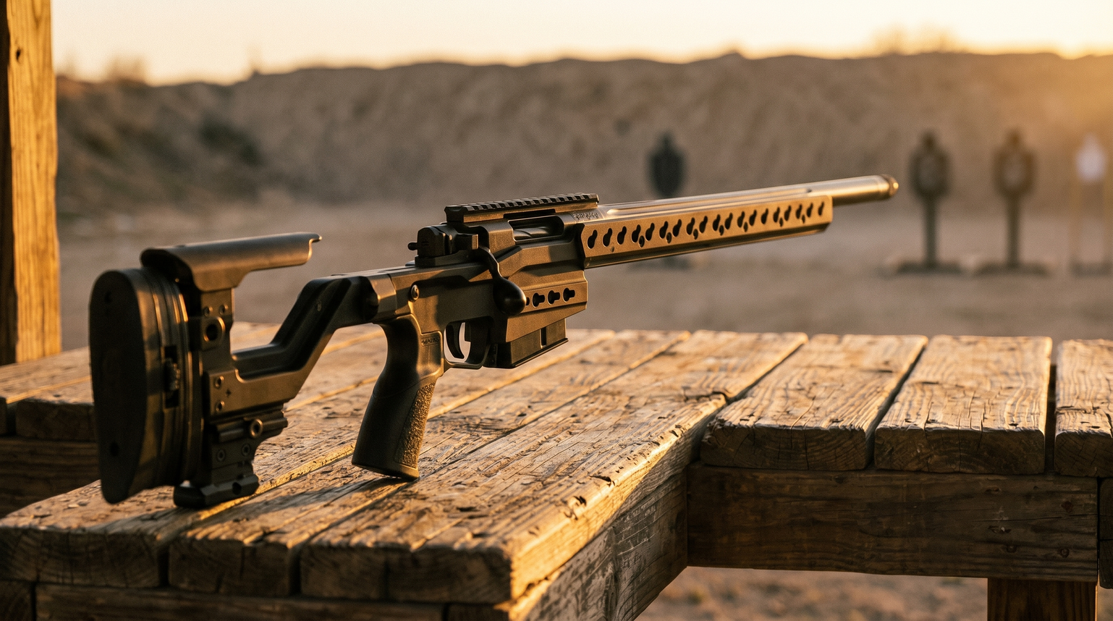 Accuracy International AT-X Review (2026): Is the Gold Standard Sniper Rifle Worth $5,500? 1 Accuracy International AT-X precision rifle hero on weathered wooden range bench at golden hour with distant sand berm and steel silhouette targets