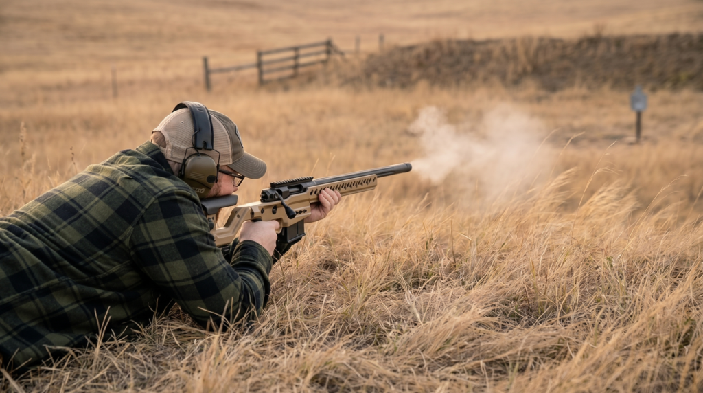 Accuracy International AT-X Review (2026): Is the Gold Standard Sniper Rifle Worth $5,500? 13 Long-range shooter prone behind Accuracy International AT-X FDE chassis on prairie with smoke trail and distant steel silhouette