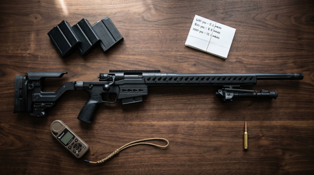 Accuracy International AT-X Review (2026): Is the Gold Standard Sniper Rifle Worth $5,500? 12 Accuracy International AT-X overhead flat-lay with AICS magazines Kestrel weather meter dope card and 6.5 Creedmoor cartridge on dark walnut workbench