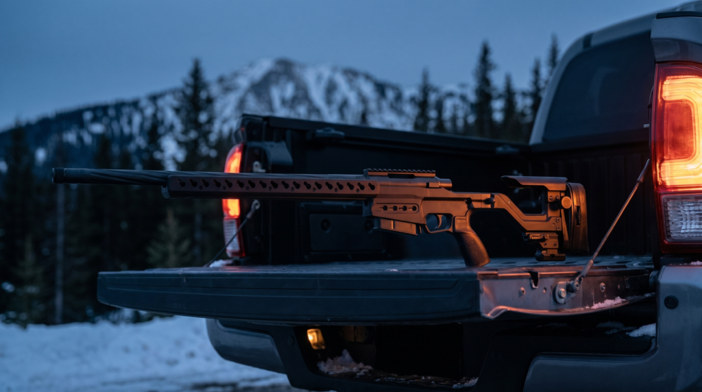 Accuracy International AT-X Review (2026): Is the Gold Standard Sniper Rifle Worth $5,500? 3 Accuracy International AT-X on dark grey pickup tailgate at blue-hour dusk with snow-capped mountain ridge backdrop
