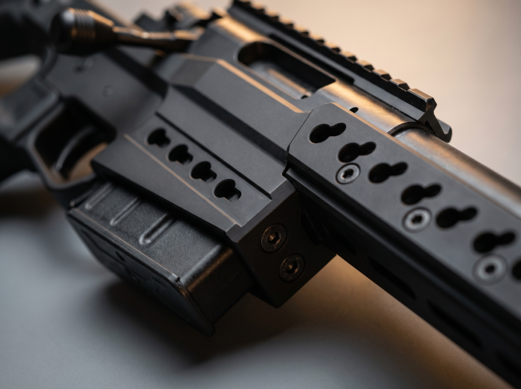 Accuracy International AT-X Review (2026): Is the Gold Standard Sniper Rifle Worth $5,500? 11 Macro detail of Accuracy International AT-X AICS magazine well and KeySlot-pattern forend showing chassis machining