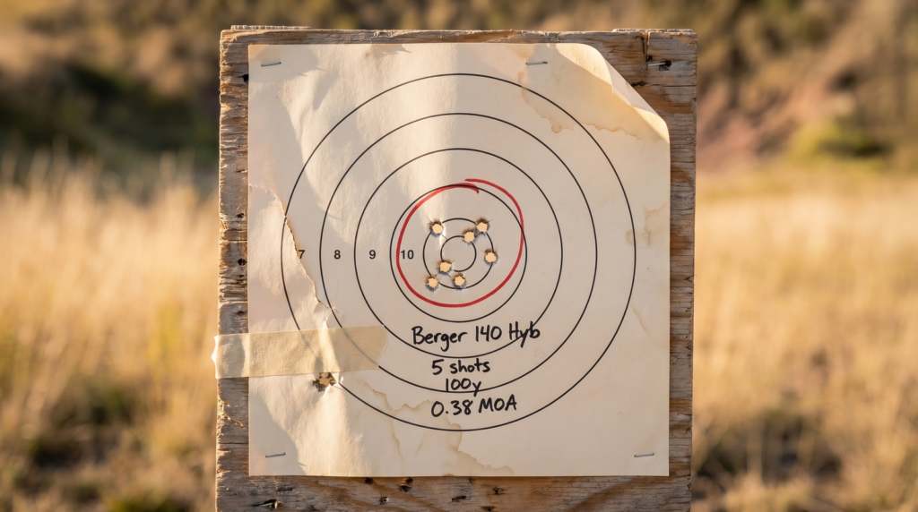 Accuracy International AT-X Review (2026): Is the Gold Standard Sniper Rifle Worth $5,500? 14 Tight five-shot group on paper precision target at 100 yards with Berger 140gr Hybrid handload achieving 0.38 MOA