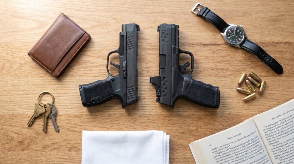 10 Best Compact 9mm Pistols (2026): Tested & Ranked 24 Top-down everyday-carry flat-lay on a light oak kitchen table featuring two compact 9mm pistols, Sig P365 XL and Springfield Hellcat Pro with slide-mounted red dot, arranged with a brown leather wallet, brass key ring, mechanical watch, folded handkerchief, paperback book, and loose 9mm cartridges in soft morning window light