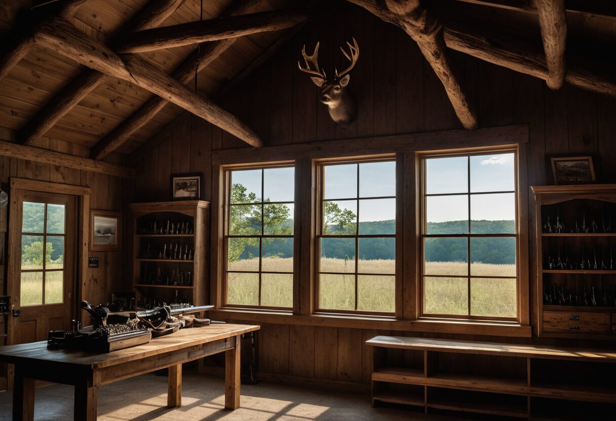 Interior of a Arkansas gun shop with state landscape visible through a large window