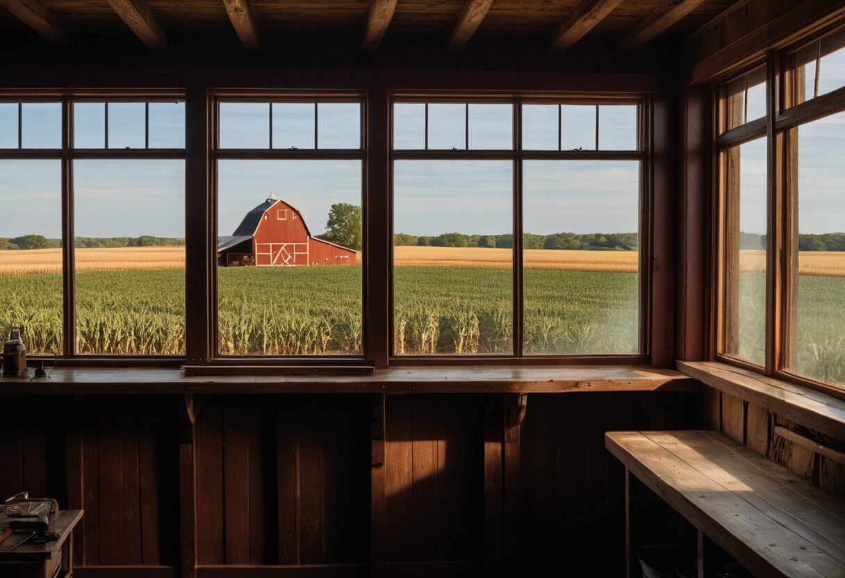 Interior of a Iowa gun shop with state landscape visible through a large window