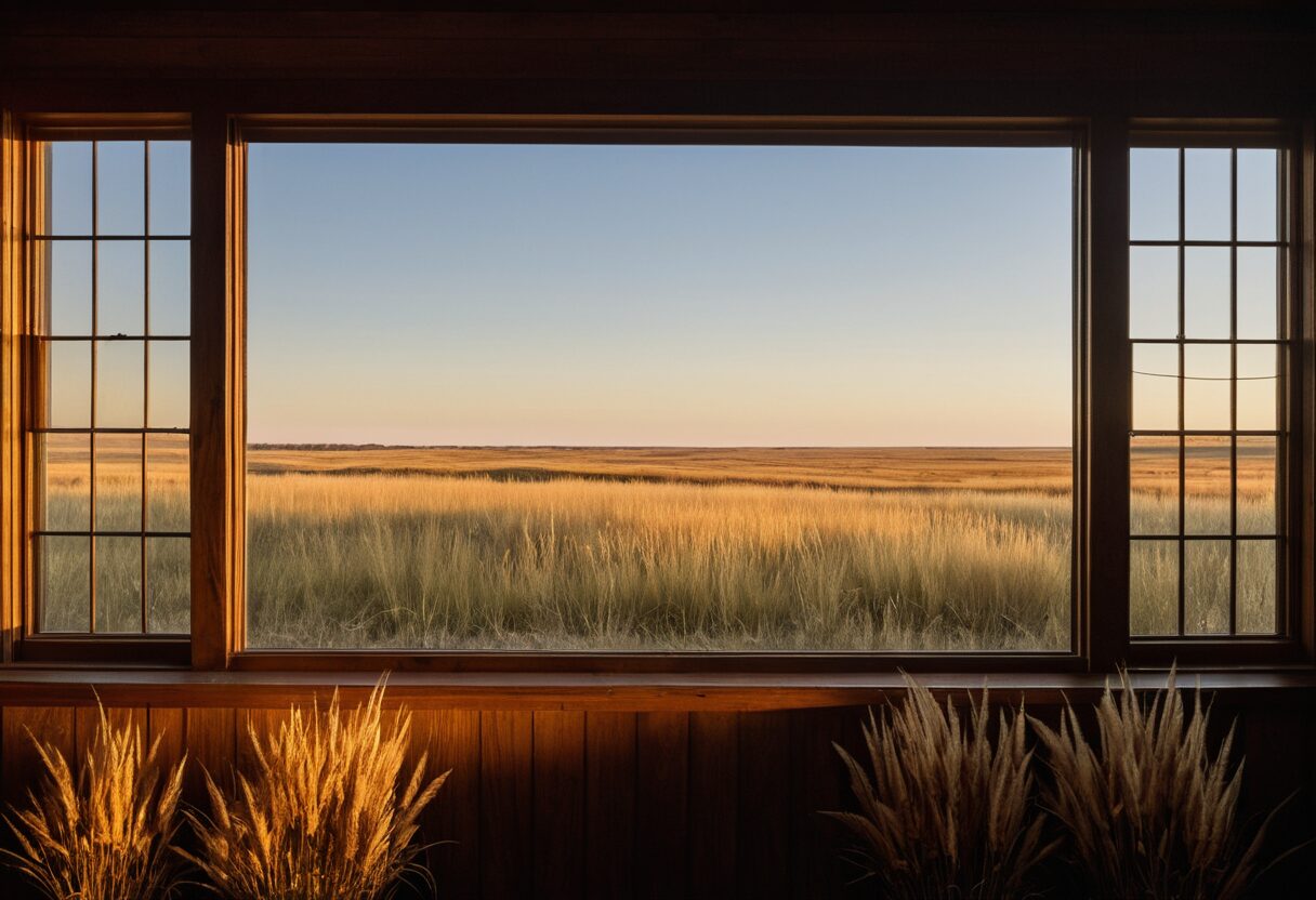 Interior of a Kansas gun shop with state landscape visible through a large window