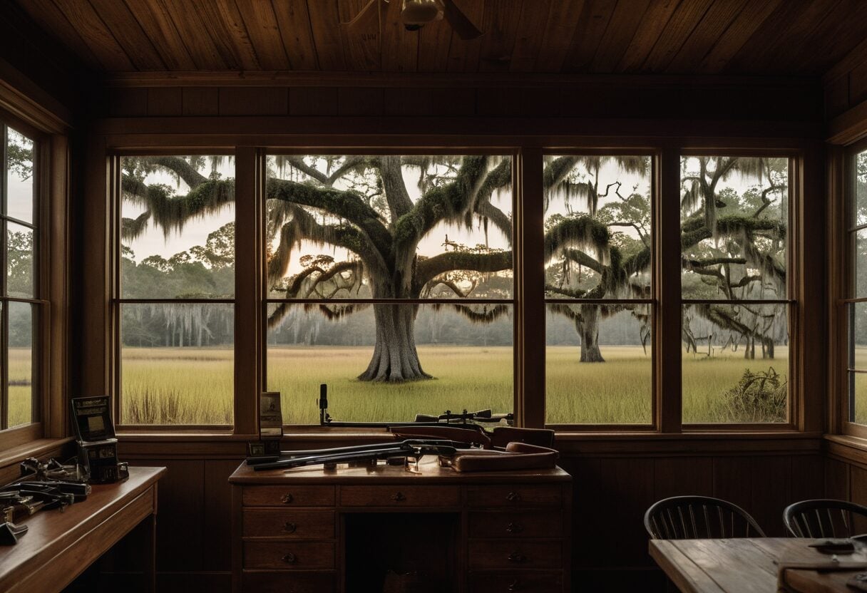 Interior of a South Carolina gun shop with state landscape visible through a large window