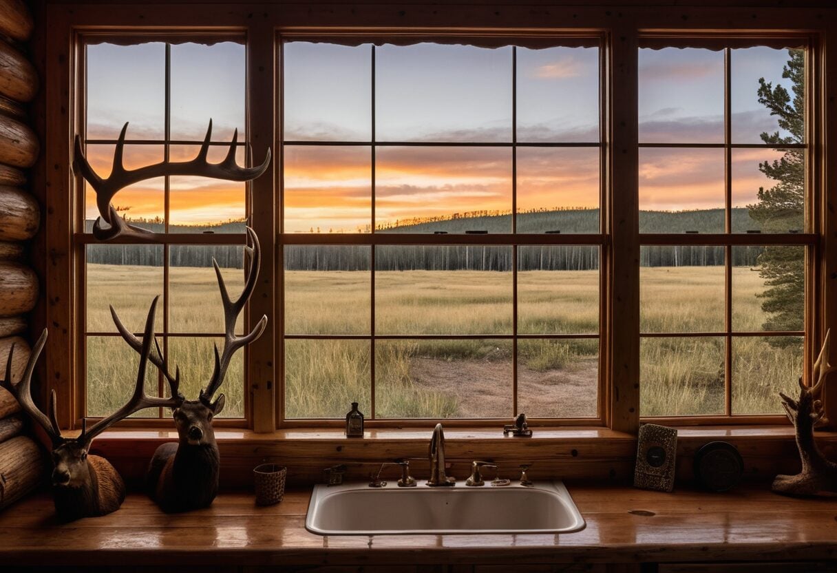 Interior of a South Dakota gun shop with state landscape visible through a large window