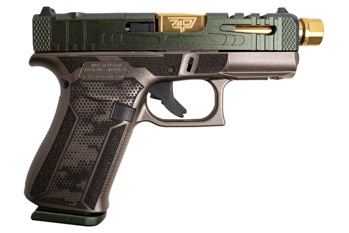 Custom Glock 43X slimline pistol fitted with a Zaffiri Precision slide and gold threaded barrel